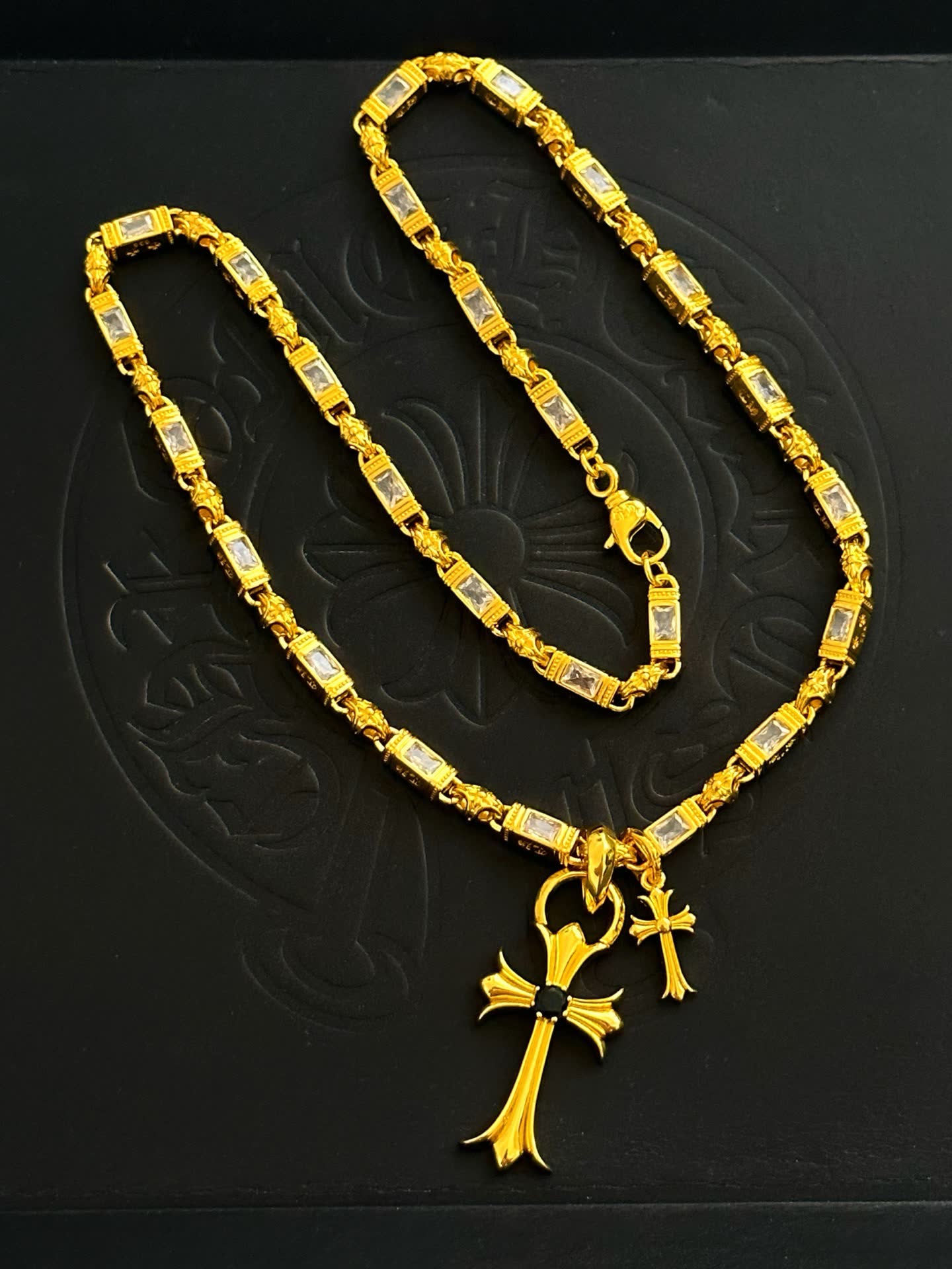 Chrome Hearts Gold Tone Crystal Cross Pendant Necklace